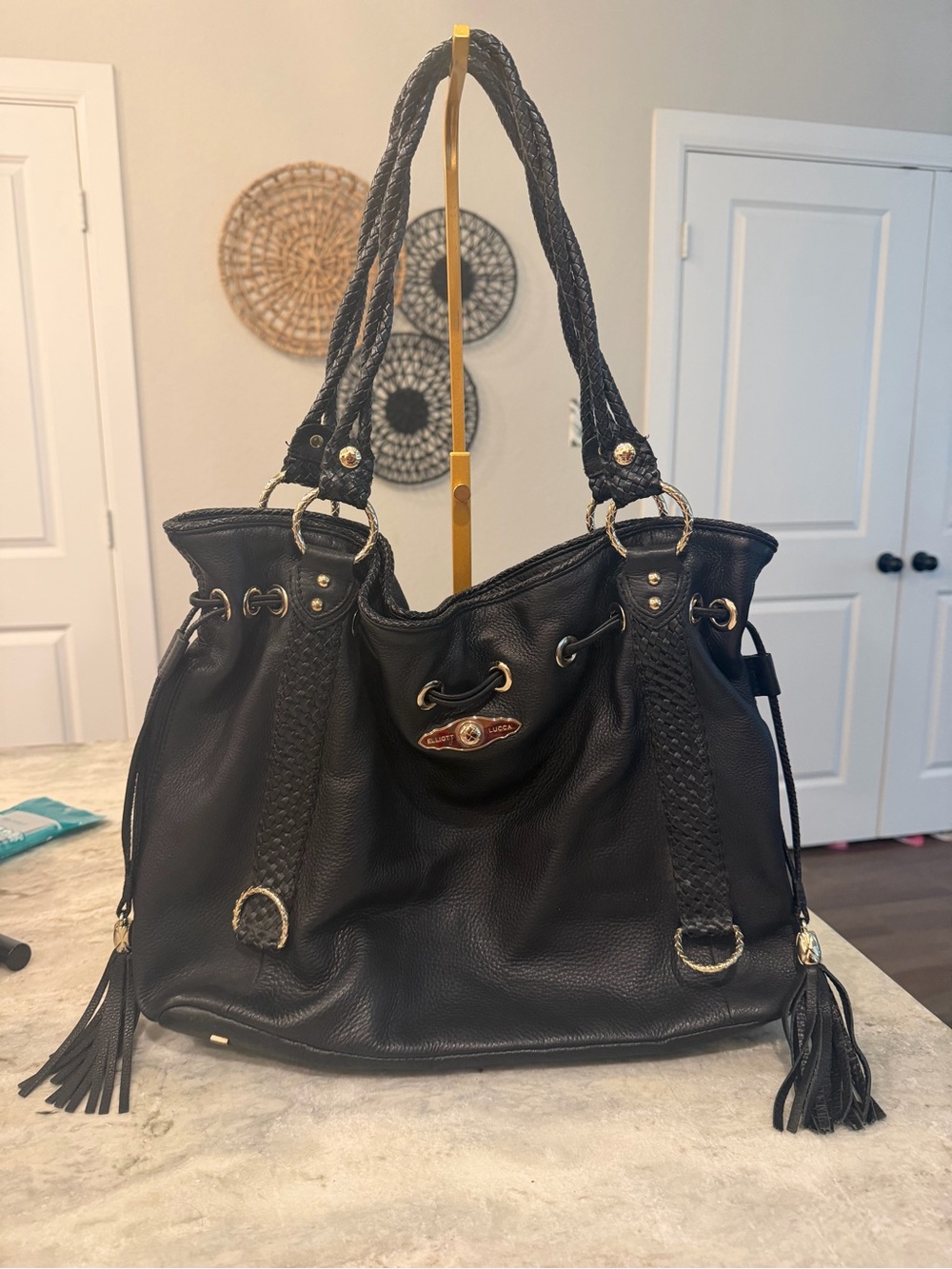 Elliot Lucca Black Women’s Leather Shoulder Bag with Braided Straps
